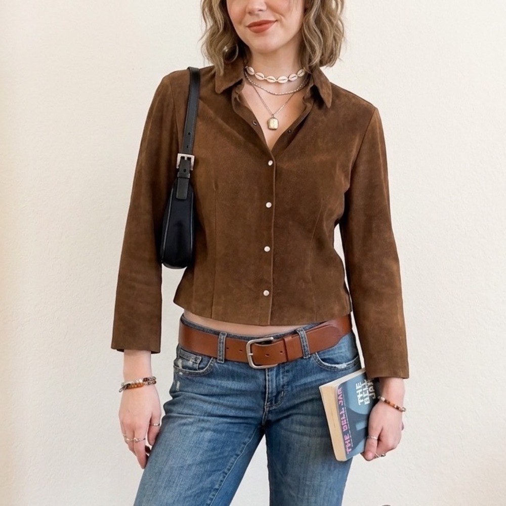 Vintage 90s Y2K Genuine Suede Jacket Brown Snap Rory Gilmore Sz M Yansi‎ Fugel